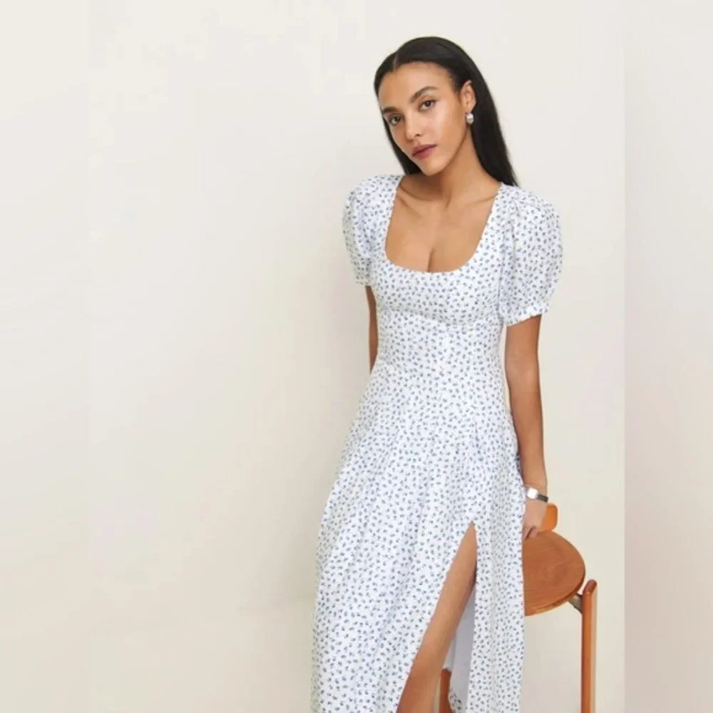 NEW Reformation Coucou Midi Linen Dress Hanna White Blue Floral | US 4 UK 8 - Picture 4 of 16